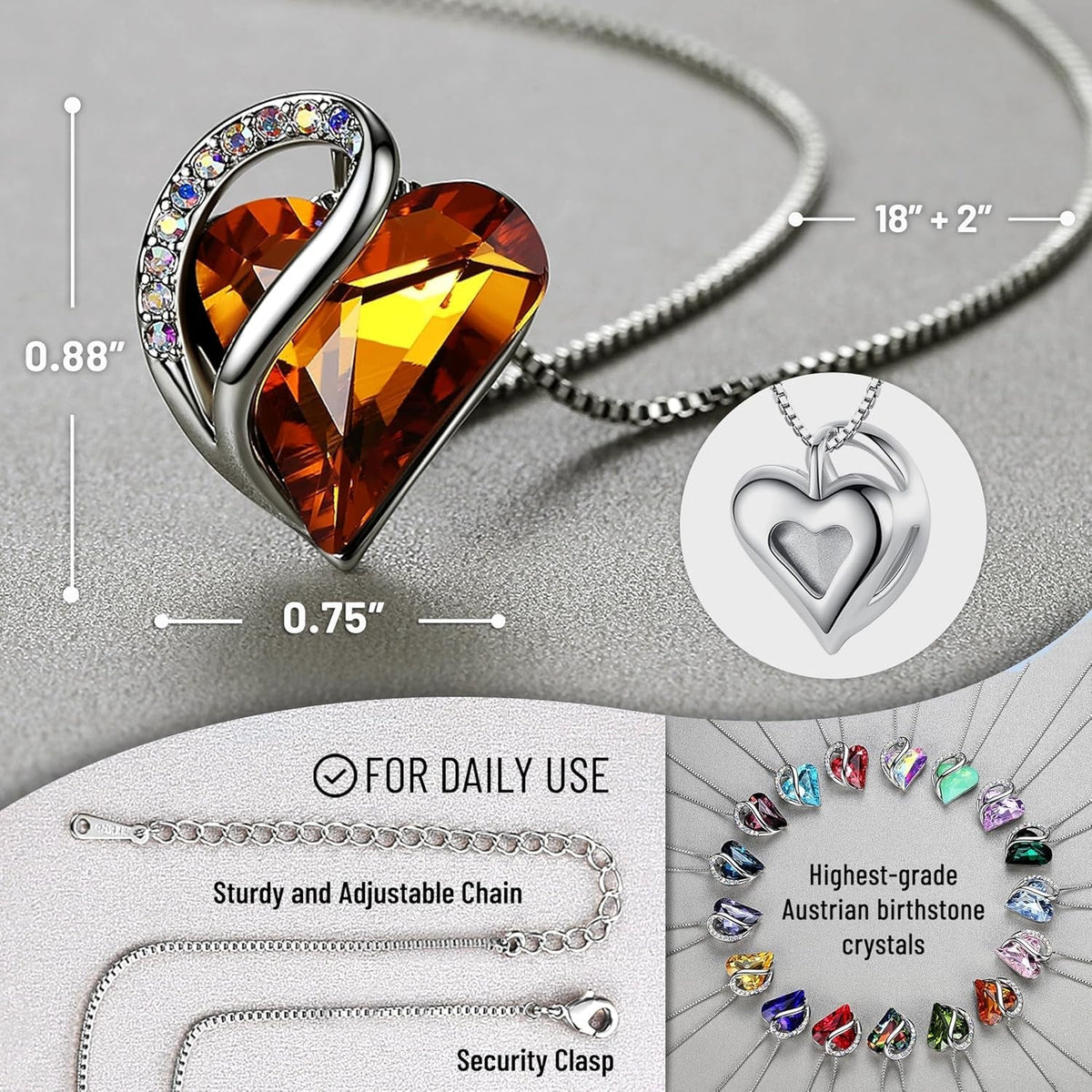 Gift Necklaces for Women, Infinity Love Birthstone Heart Crystal Pendant, Birthday Anniversary Jewelry for Wife, Mom, and Her, Silver Plated, 18" + 2" Adjustable Chain