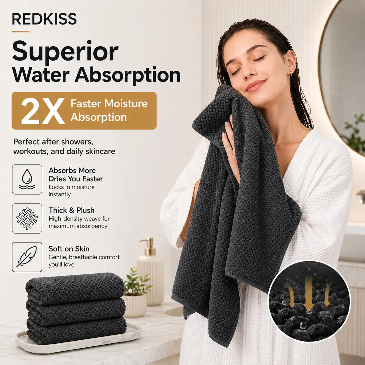 REDKISS Black Towel Set: a 6-Piece Set of Premium, Soft Bath Towels. This Ultra-Absorbent, Luxurious 6-Piece Set Includes 2 Bath Towels, 2 Hand Towels, and 2 Face Towels, Perfect for Everyday Use in Bathrooms, Gyms, Hotels, and Spas.