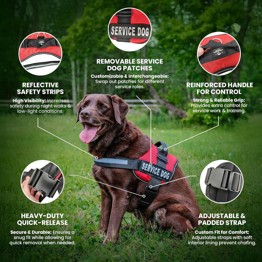 Service Dog Vest with Hook and Loop Straps & Matching Service Dog Leash Set - Harnesses from XXS to XXL - Harness Features Reflective Patch and Comfortable Mesh Design