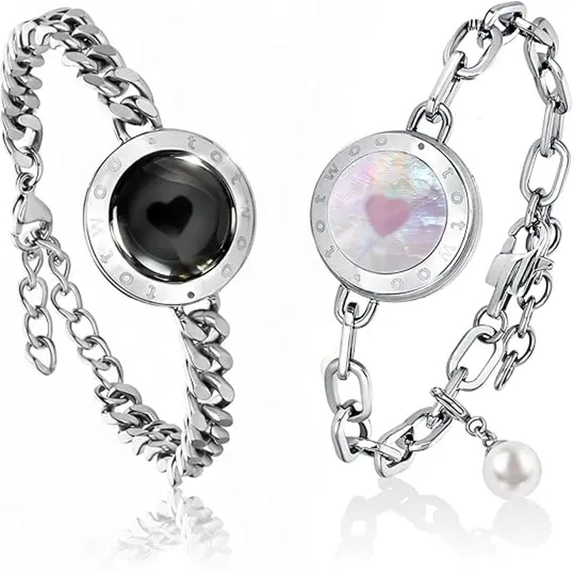 Long Distance Touch Light Up&Vibrate Bracelets for Couples, Long Distance Relationship Gifts Smart Sun&Moon Love Bracelet