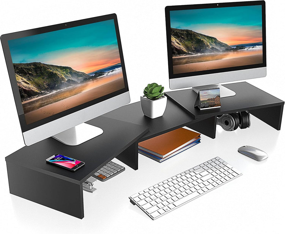 Dual Monitor Stand – 3 Shelf Computer Monitor Riser, Wood Desktop Stand with Adjustable Length and Angle, Desk Accessories, Office Supplies Medium Black,Dt108001Wb