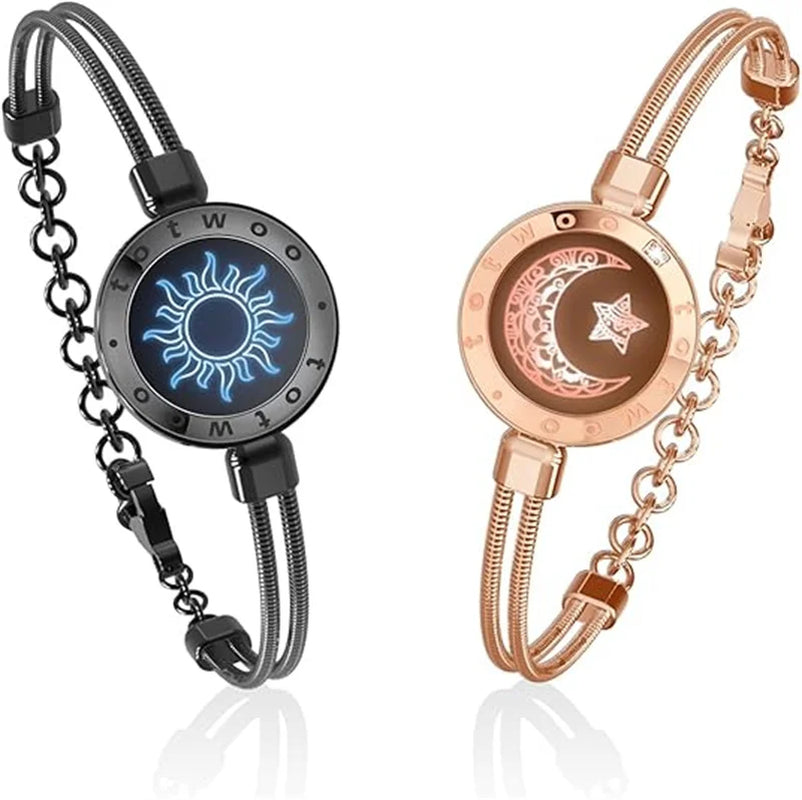 Long Distance Touch Light Up&Vibrate Bracelets for Couples, Long Distance Relationship Gifts Smart Sun&Moon Love Bracelet