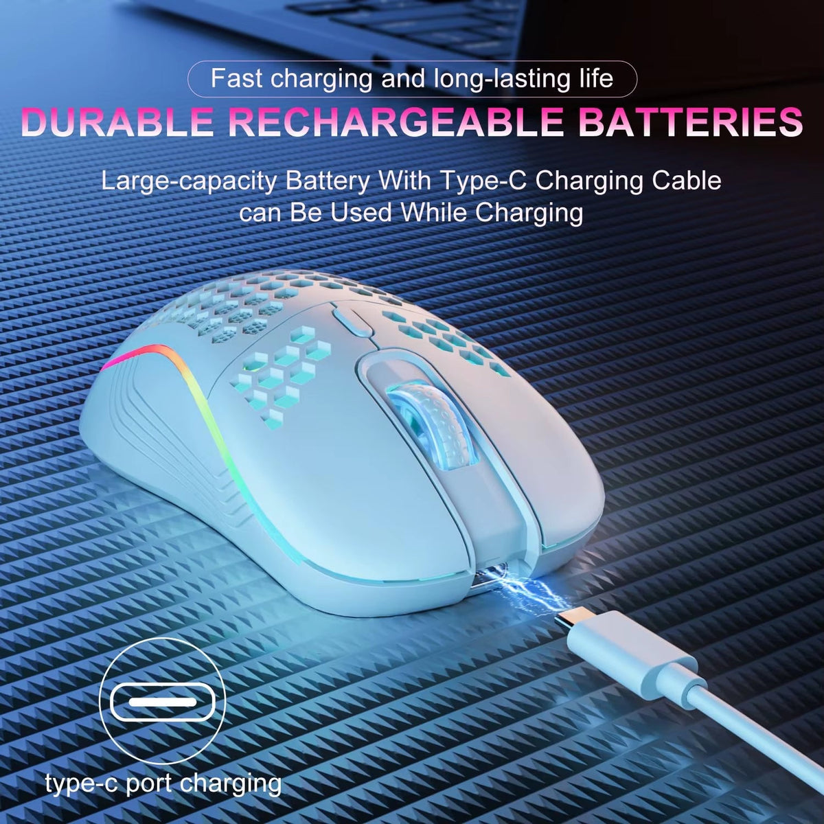 2.4G Wireless Mouse with RGB Backlit 6-Button 3-Speed DPI Type C Rechargeable Ergonomic Honeycomb Design Gaming Mouse