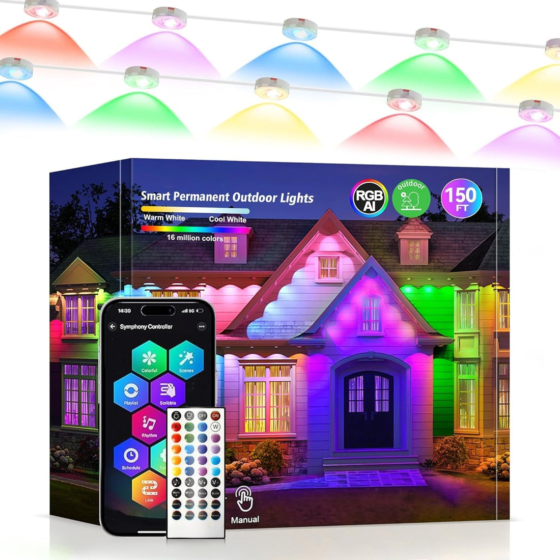 Permanent Outdoor Lights 150Ft RGB+IC Outdoor String Lights App Control IP67 Waterproof,100 Scene Modes Home for Christmas,Halloween,Holiday, Daily,Birthday Decor
